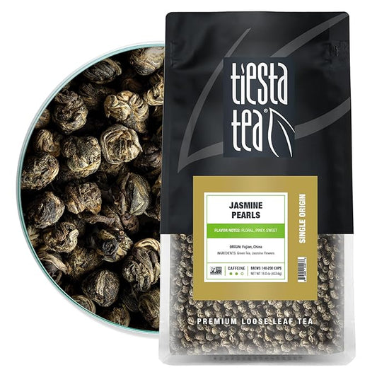 Tiesta Tea - Jasmine Pearls Green Tea, Loose Leaf, Single Origin Premium Jasmine from China, Pure Unblended Medium-Caffeinated Blend, Makes Hot or Iced & Up to 200 Cups, 16oz Resealable Bulk Pouch