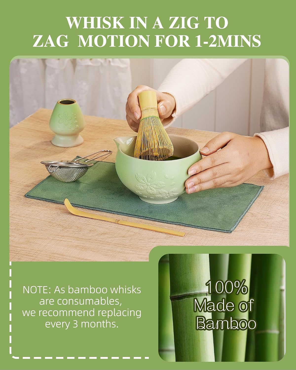 ZENS Premium Matcha Whisk Set, 6pcs Matcha Kit for Matcha Latte, Green | Ceramic Matcha Set Icludes Ceramic Bowl, Bamboo Whisk, Chasen Holder, Scoop, 304 Sifter &amp; Tea Mat, Japanese Tea Ceremony