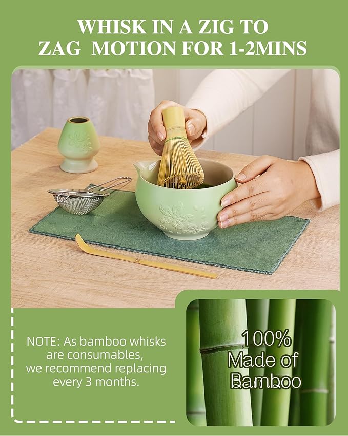 ZENS Matcha Whisk Set, Ceramic Matcha Tea Set with 15oz Sakura Bowl and Bamboo Whisk & Scoop, (Chasen Holder), Stainless Sifter-Tea Towel, 6pcs Matcha Kit for Matcha Lovers, Green