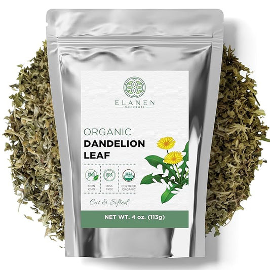 Elanen Naturals Organic Dandelion Leaf 4 oz. (113g), USDA Certified Organic Dandelion Leaf Tea, Diente de Leon Organico Herb, Diente Deleon Hierba, Taraxacum Officinale, Danalion Loose, Cut & Sifted