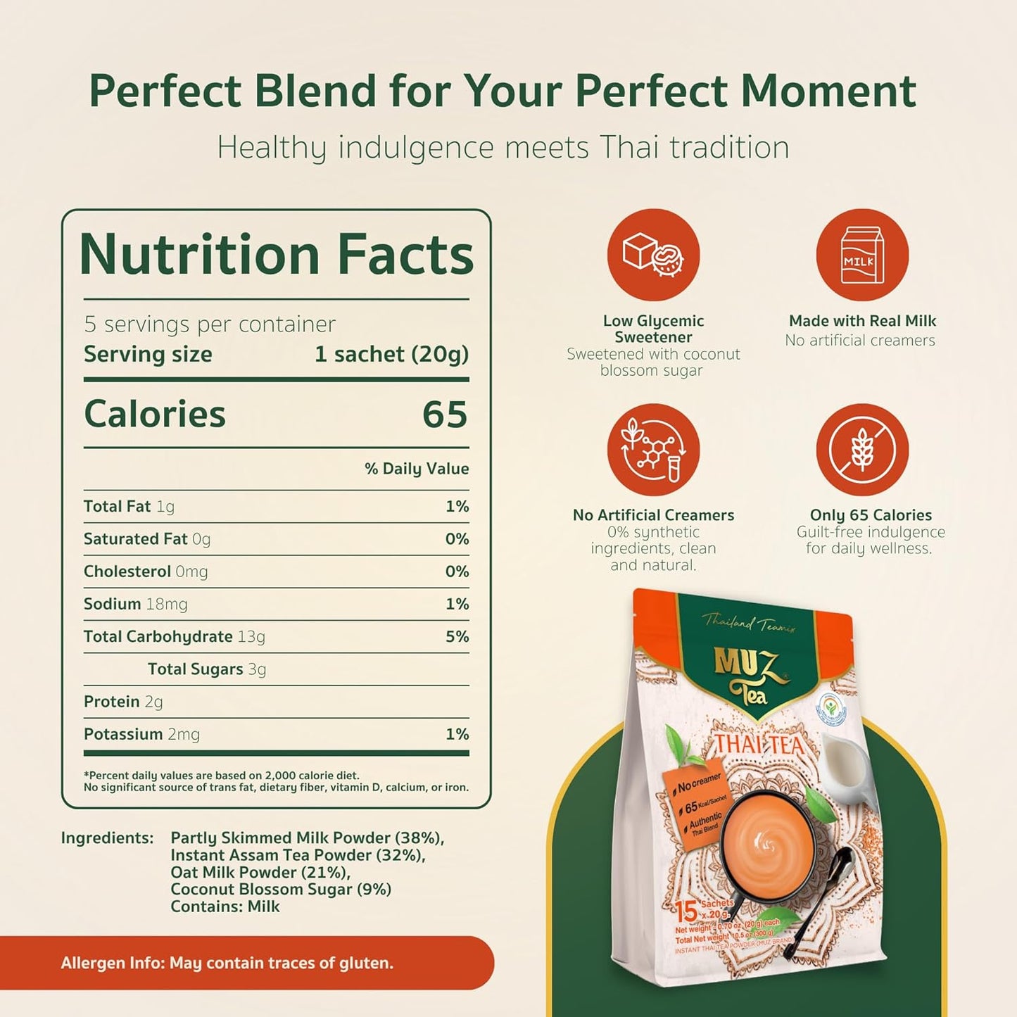 MUZ Tea Premium Instant Thai Tea Mix – Real Milk, No Creamers – Low GI Coconut Blossom Sugar – Only 65 Calories – Thai Tea Powder – Just Add Water – 15 Sachets