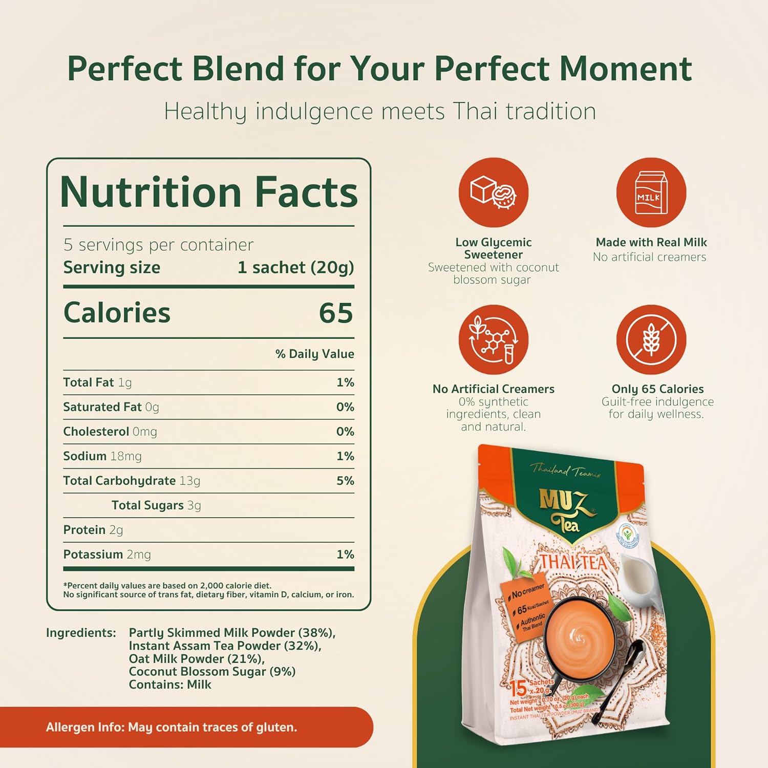 MUZ Tea Premium Instant Thai Tea Mix – Real Milk, No Creamers – Low GI Coconut Blossom Sugar – Only 65 Calories – Thai Tea Powder – Just Add Water – 15 Sachets