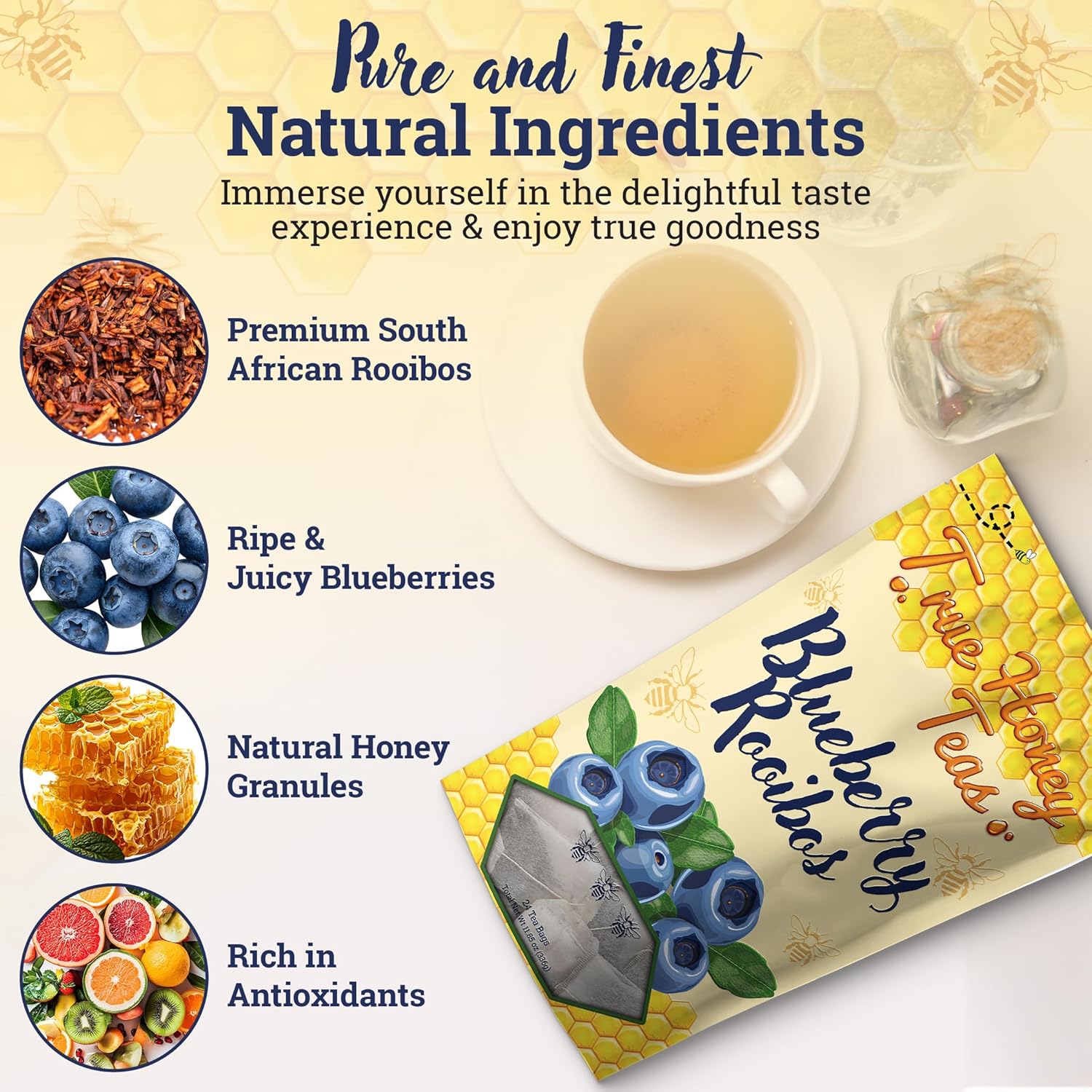 True Honey Blueberry Rooibos Tea Bags - Honey Crystals Blended in Every Sachet - Red Rooibos Tea with Dried Blueberry Juice - All Natural Organic Herbal Caffeine Free Tea Bag 24 Count