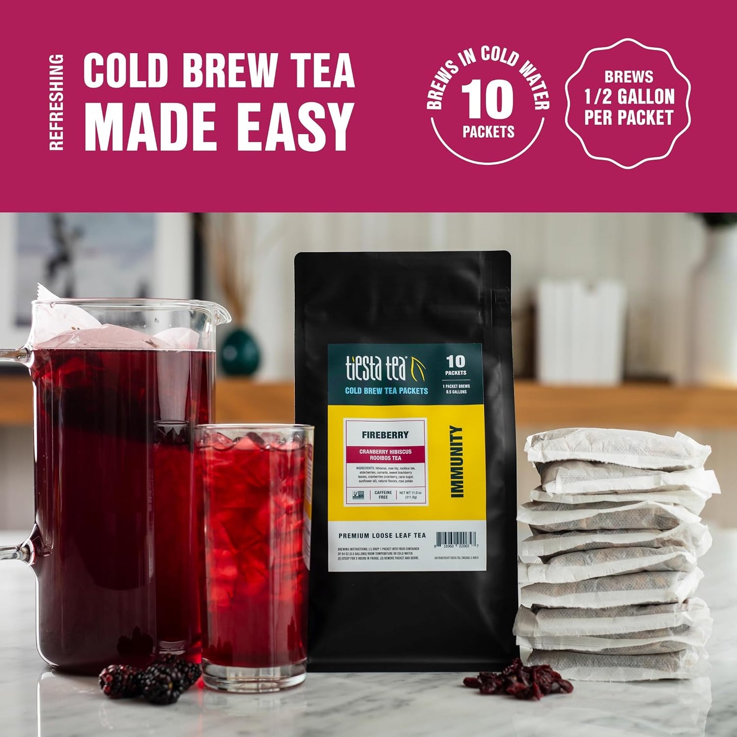 Tiesta Tea - Fireberry Cold Brew, Loose Leaf | Cranberry Hibiscus Rooibos Tea, Premium Non-Caffeinated Blend, Cold Brew Packets, Makes 64 oz Per Bag (Pack of 10)