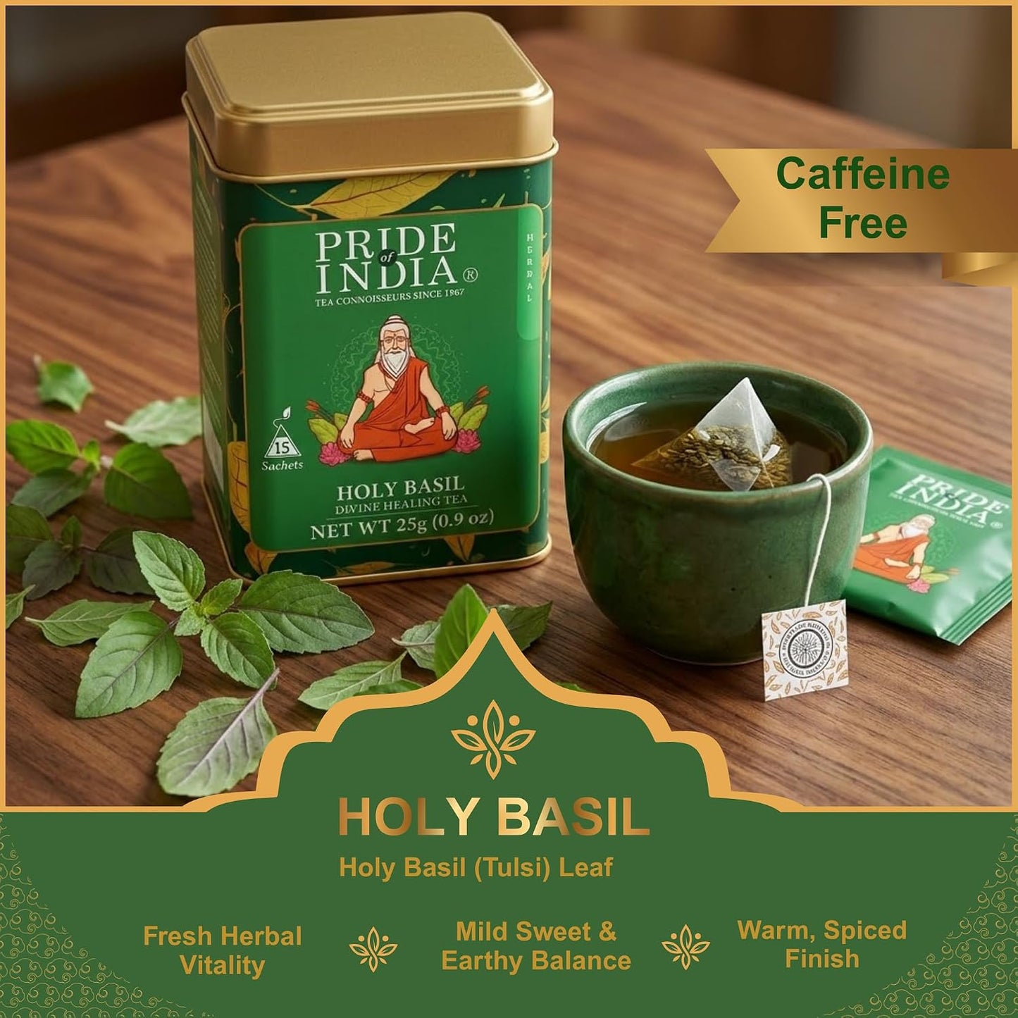Pride of India Holy Basil Herbal Tea – 30 Pyramid Tea Bags (2 PACK) | Individually Wrapped Pure Tulsi Leaf Divine Healing Tea for Daily Calm &amp; Mindful Living | Caffeine Free