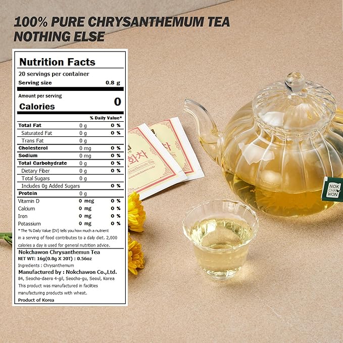 [Nokchawon] Chrysanthemum Tea, Premium Pure Herbal Tea, Caffeine Free, Zero Calories Korean Tea, 20 Count Tea Bags, 0.56oz(16g)