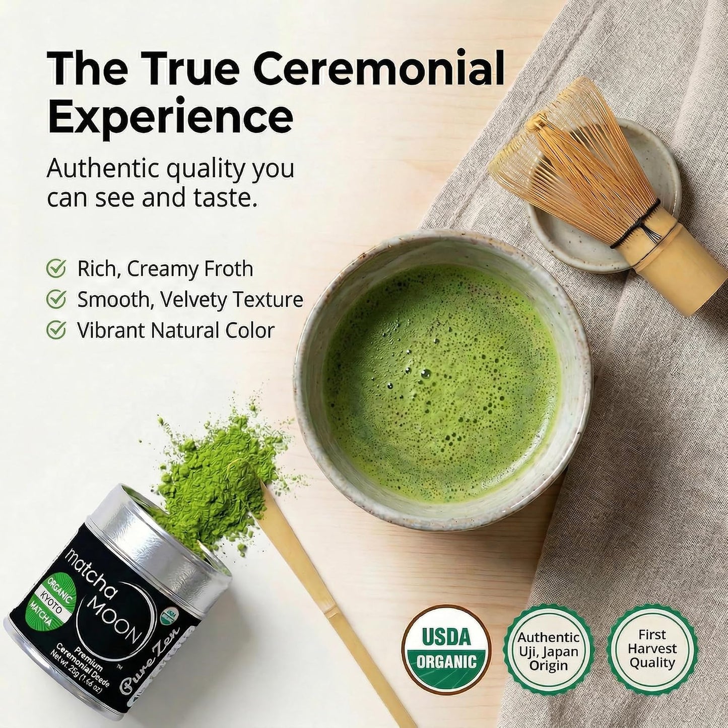 Matcha Moon Pure Zen Ceremonial Grade Matcha Powder, 30g | Premium USDA Organic, Traditional Japanese Green Tea, First Harvest, Uji Kyoto Sourced, Tin