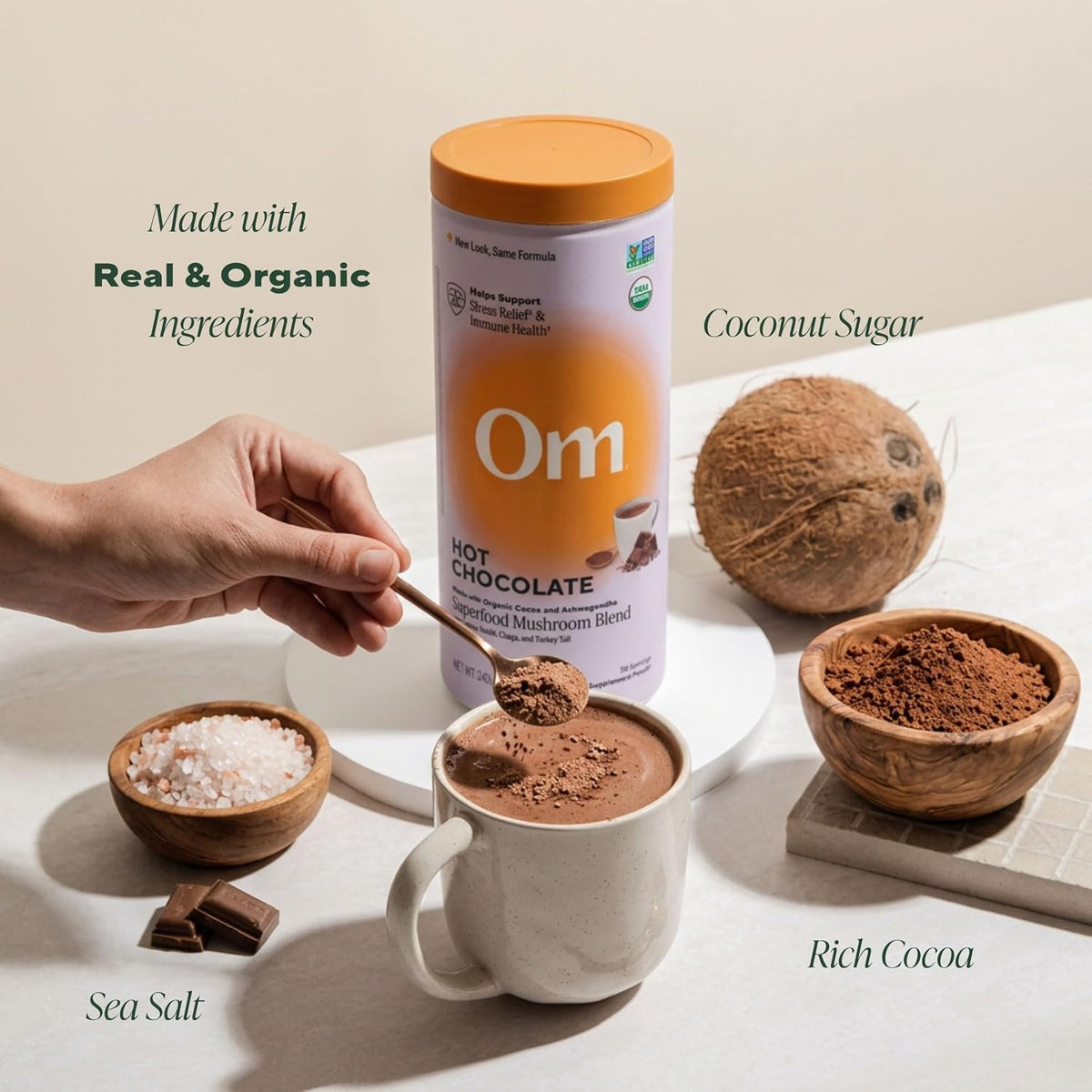 OM MUSHROOM SUPERFOOD Hot Chocolate Blend – Dutch Cocoa Mushroom Powder with Lion’s Mane, Reishi, Chaga &amp; Turkey Tail – Focus, Calm &amp; Stress Support – 2g Sugar, 25 Calories – Single Serve (10 Count)