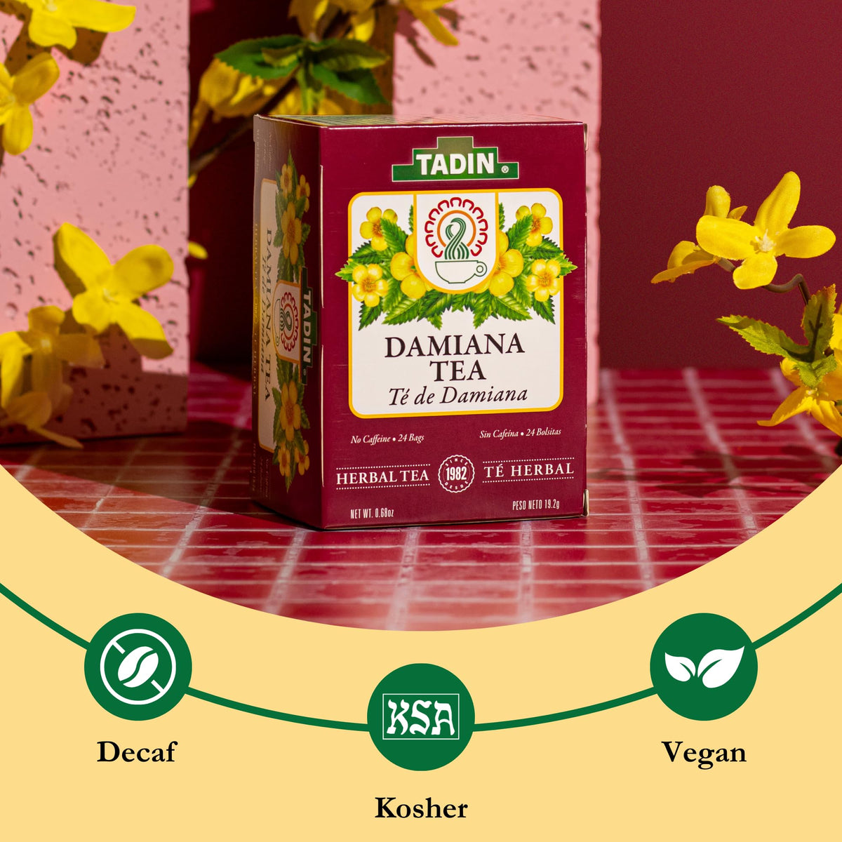 Tadin Damiana Tea, Herbal Tea, Caffeine Free, 24 Tea Bags Per Box, Pack of 6