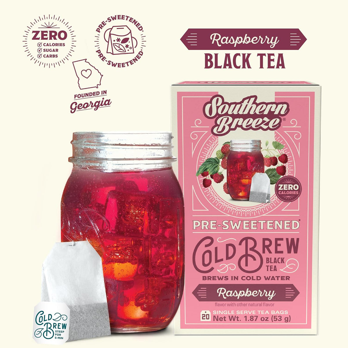 Southern Breeze Cold Brew Sweet Tea Raspberry Iced Tea 20 Tea Bags, 2 Pack