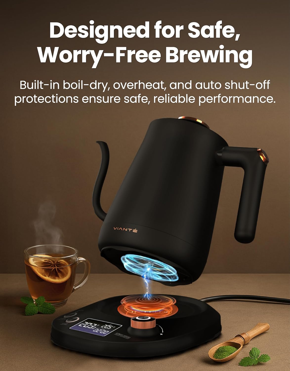 Viante Electric Gooseneck Kettle 0.8L, Pour Over Coffee &amp; Tea, Temp Control | Boil-dry protection, keep-warm function, BPA-free stainless steel body. Includes #2 coffee filters