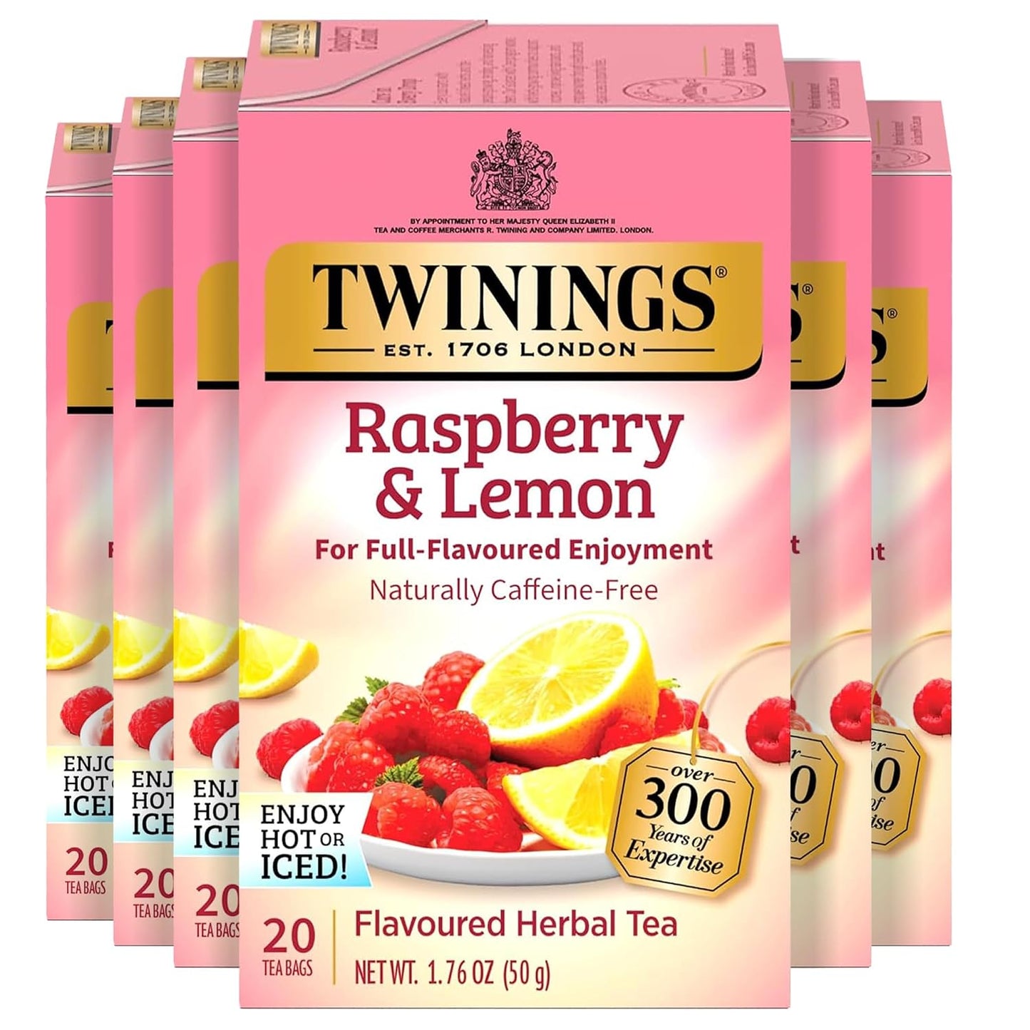 Twinings Raspberry &amp; Lemon Herbal Tea Bags 20 CT Box (6 Pack) | With Hibiscus, Rosehips, Blackberry Leaves, Rose Petals, Naturally Caffeine-Free, 120 Foil Lined Individually Wrapped Bags