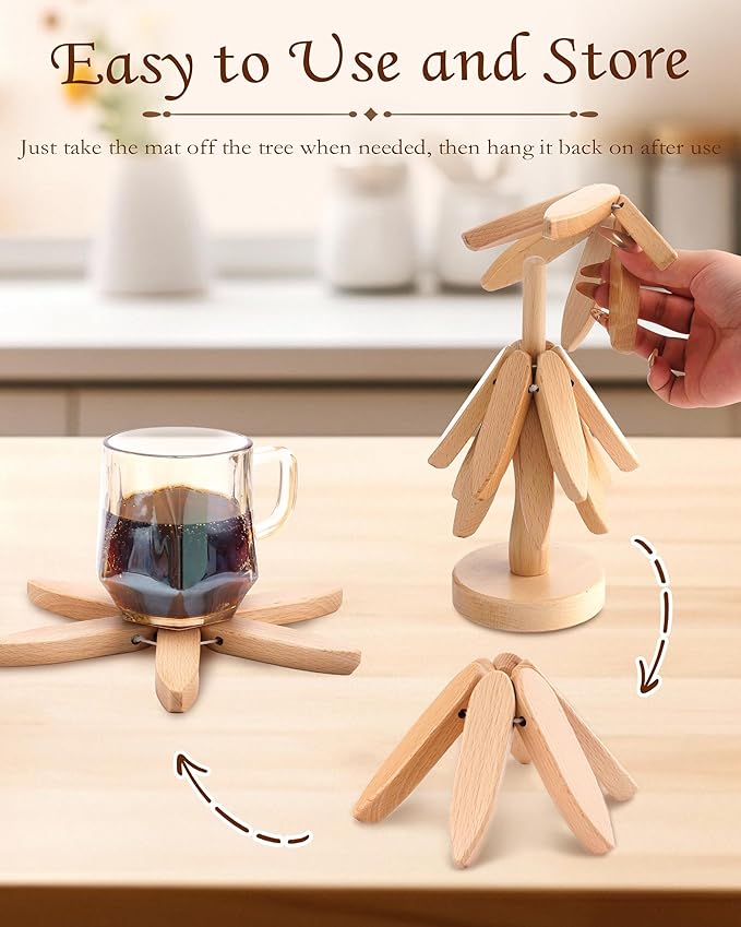Wooden Tree Trivets for Hot Dishes, 4 Wooden Trivet + 1 Stand Natural Wooden Coaster for Hot Dishes, Pot, Bowl, Teapot, Hot Pot Holders
