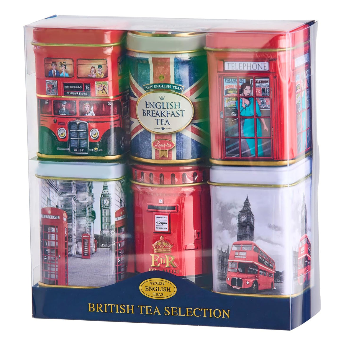 New English Teas British Icons 6x Tea Tin Gift Pack with 140g Loose English Tea - Union Jack