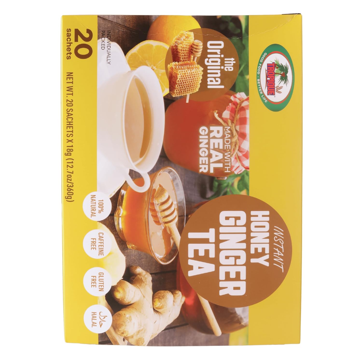 Ginger Tea with Honey – Original Flavor – Instant Herbal Ginger Drink – 20 Sachets – Tropique