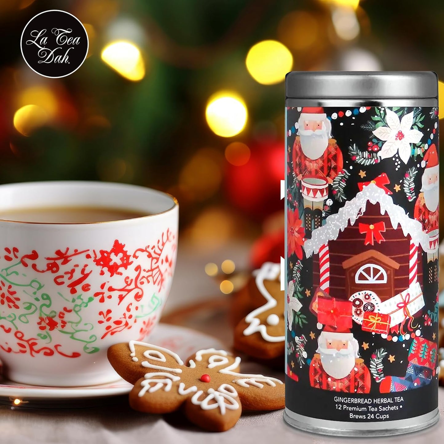 Merry Christmas Tea Gift Set by La Tea Dah, Gourmet Holiday Tea Assortment, 3 Full Sized Tins, Frosted Vanilla Chai Tea, Berry Green Tea, Herbal Gingerbread Tea (36 sachets)
