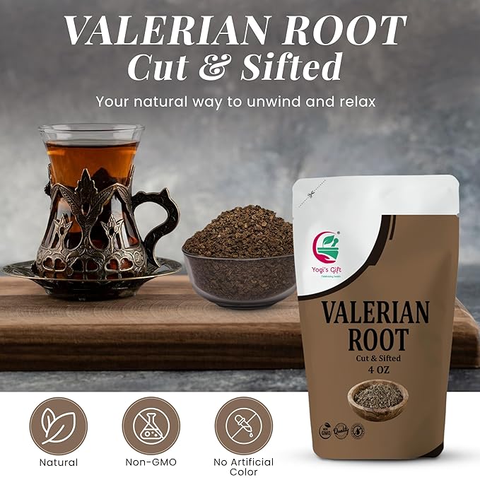 Valerian Root 4oz, Cut & Sifted, 100% Natural & Pure, for Tea & Herbal Blends, Naturally Strong Aroma, Resealable Bag for Freshness - By Yogi’s Gift®