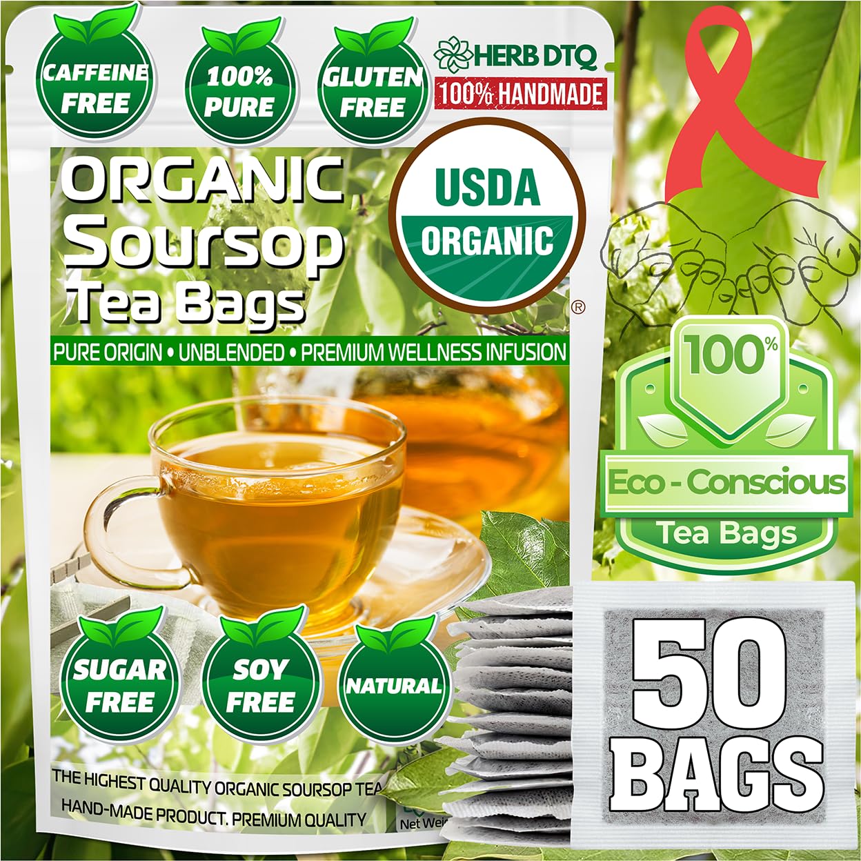 HERB DTQ USDA 100% Organic Soursop Graviola Leaf Tea Bags, Non-GMO, 50 Ct | Eco-Conscious Sachets, Sour Sop, Hojas de Guanabana, Vegan, Caffeine-Free, Sugar-Free, Gluten-Free, Sleep &amp; Digestion Support