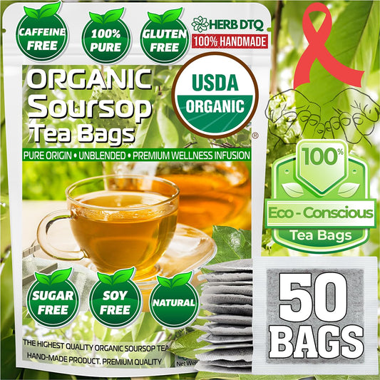 HERB DTQ USDA 100% Organic Soursop Graviola Leaf Tea Bags, Non-GMO, 50 Ct | Eco-Conscious Sachets, Sour Sop, Hojas de Guanabana, Vegan, Caffeine-Free, Sugar-Free, Gluten-Free, Sleep &amp; Digestion Support