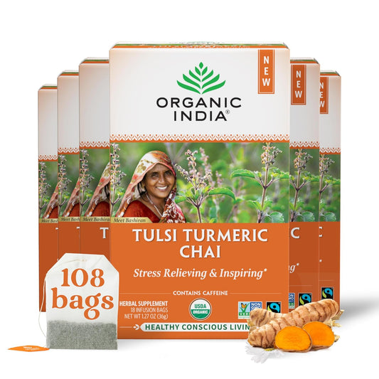 Organic India Tulsi Turmeric Chai Tea - Herbal Tea Bags with Caffeine, Ginger Root, Cinnamon, Holy Basil, Stress Relieving and Energizing, Immune Support, Helps Digestion - 18 Count, Pack of 6 | Turmeric Ginger Tea, Holy Basil, Black, Immune Support, Aids