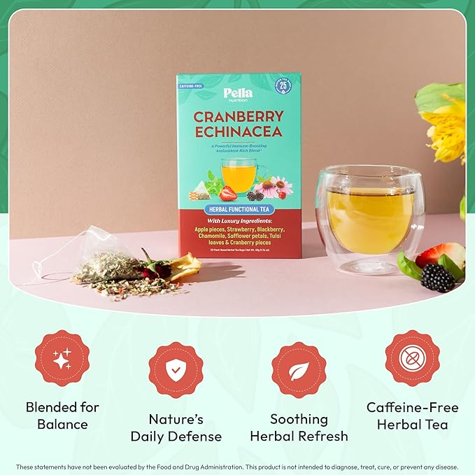 Cranberry Echinacea Chamomile Tea with Blackberries, Strawberry, Tulsi Basil & Safflower – Vegan Kosher Naturally Caffeine Free – Traditional Herbal Blend for Wellness & Antioxidant Rich (25 Tea Bags)