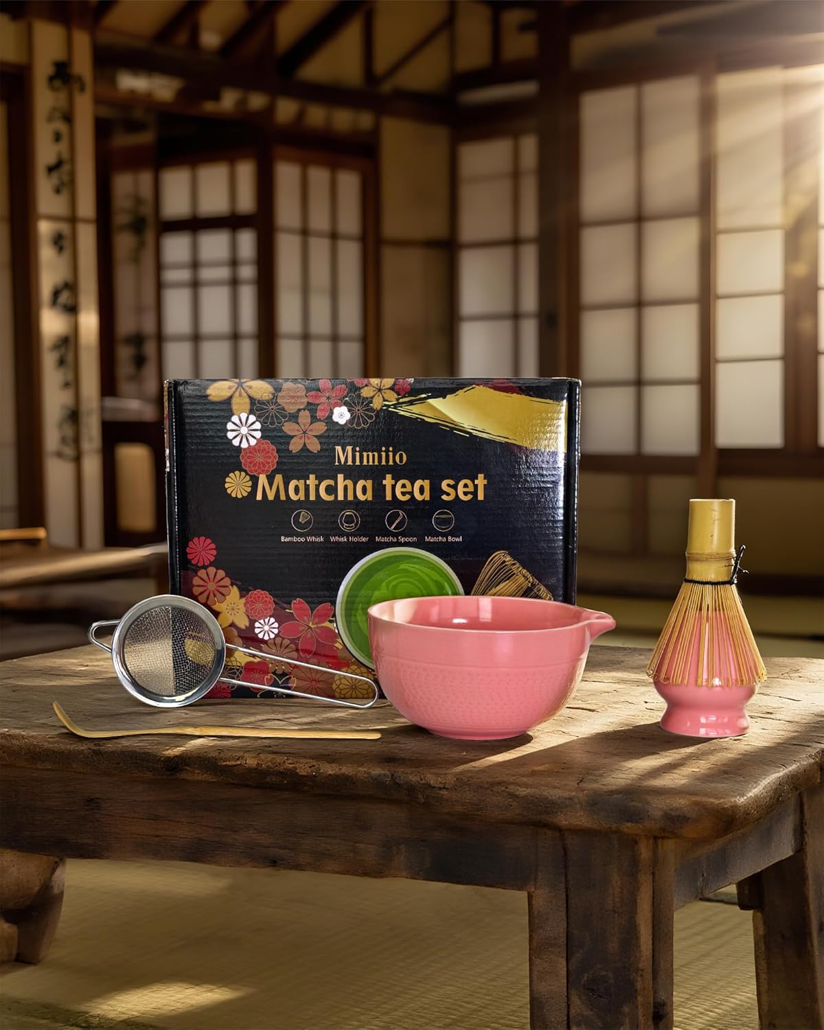 Mimiio Pink Matcha Whisk Set, 5 Pcs - Pink, Ceramic &amp; Bamboo, Japanese Traditional Matcha, Includes Bowl, Whisk, Holder, Sifter, Scoop