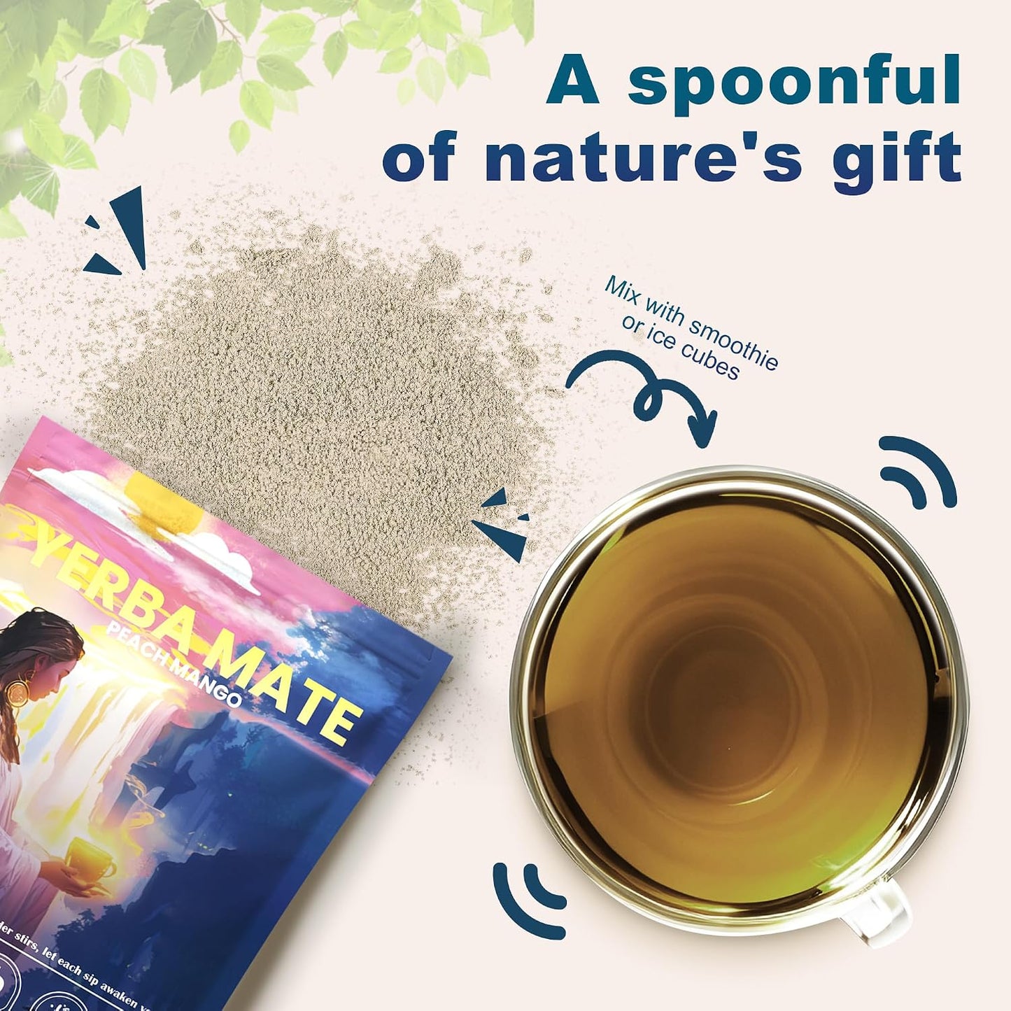 THEANECHO Yerba Mate Tea Powder, Peach Mango, Low Sugar, 30 Servings | Yerba mate tea powder with 2g sugar, lion's mane, L-theanine, prebiotic and probiotic blend