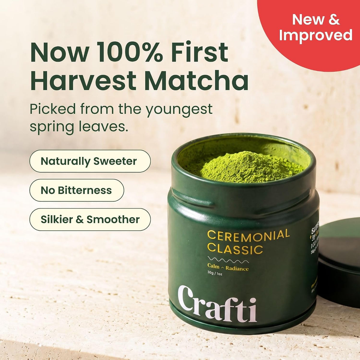 Crafti Ceremonial Grade Matcha Powder | Organic | 100% First Harvest | Unsweetened Authentic Japanese Daily Matcha Green Tea Powder (30g / 1.06oz)