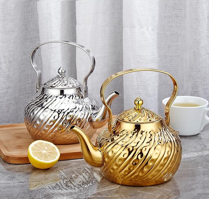 SANQIAHOME 2000ml stainless steel antique style teapot,with Infuser, thickened boiling kettle, lifting handle,Gold