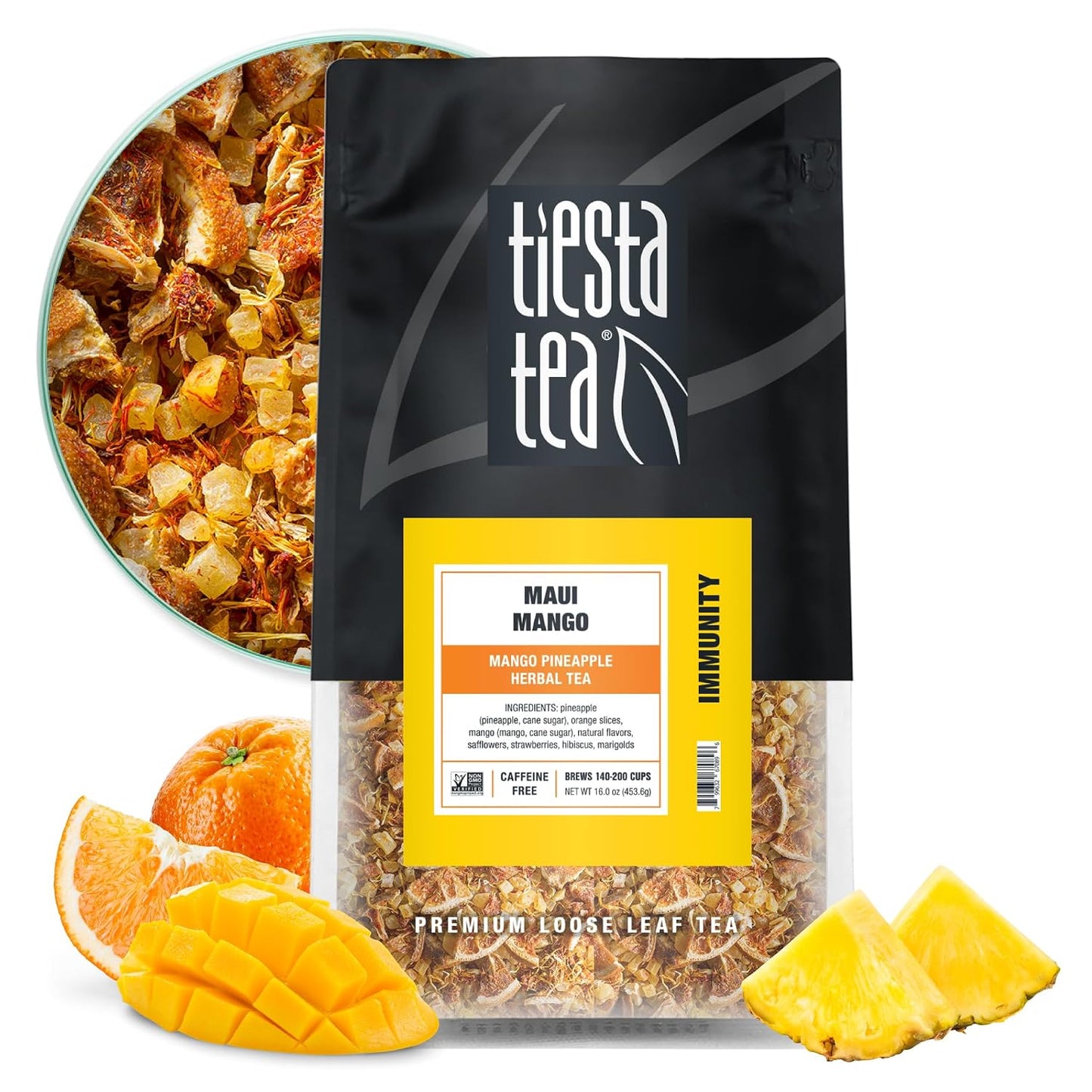 Tiesta Tea Maui Mango, Loose Leaf, Mango Pineapple Herbal Tea | Premium Non-Caffeinated Fruit Blend, Makes Hot or Iced &amp; Brews Up to 200 Cups, 16 Ounce Resealable Bulk Pouch
