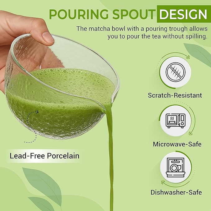 Matcha Whisk Set with Matcha Bowl - Matcha Set Included Electric Frother, Bamboo Whisk, Matcha Spoon, Bamboo Holder, Sifter, Spoon Stand (Clear Glass)