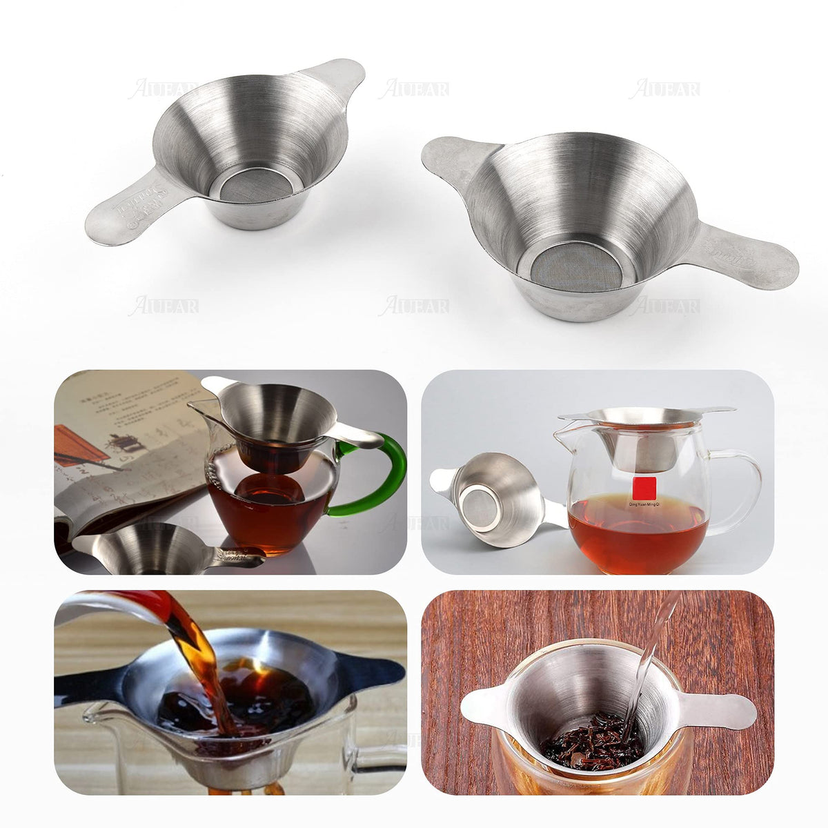 AUEAR, 2 Pack Different Size Stainless Steel Mini Strainer Fine Mesh Tea Funnel Coffee Filter with Double Handles