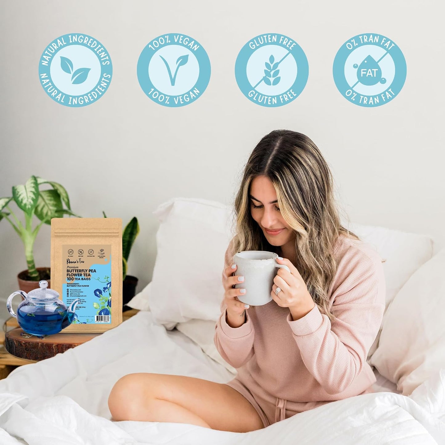 KHWAN'S TEA Organic Butterfly Pea Flower Tea Bags, 100 Count | USDA Organic butterfly pea flower, color-changing blue herbal tea, whole-flower, caffeine-free, vegan, Thai-grown, 100 ct