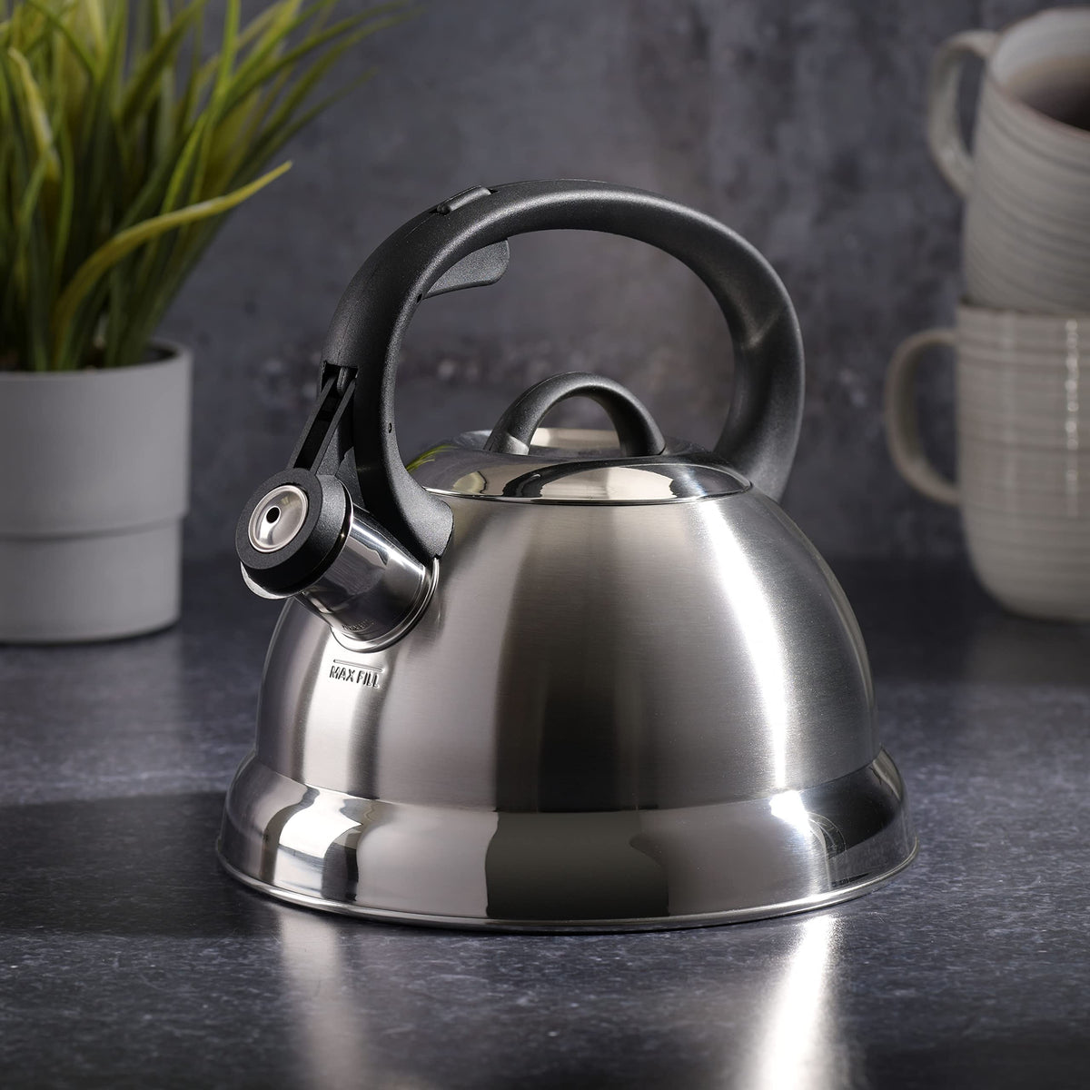 Mr. Coffee Flintshire 1.75-Quart Stainless Steel Whistling Tea Kettle – Brushed Satin Finish Stove-Top Kettle for Boiling