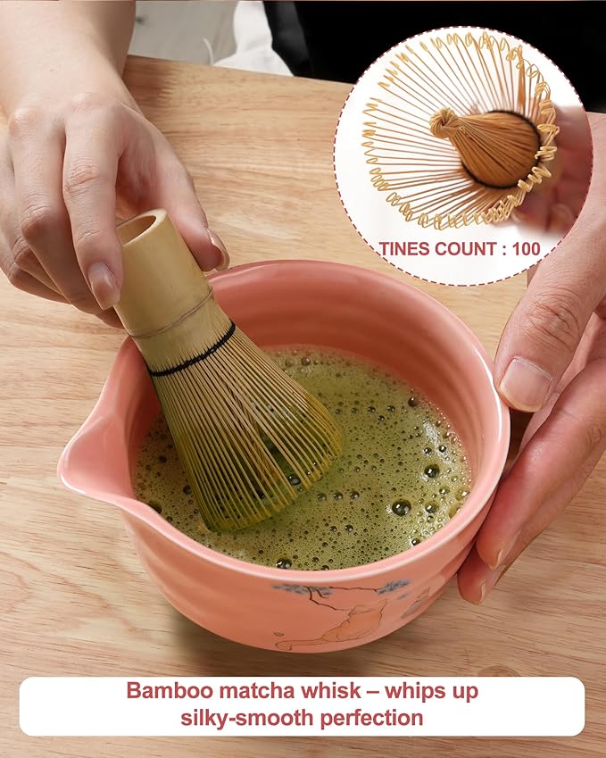 Matcha Set - Japanese Matcha Kit Set 7-Pcs: Ceramic Bowl (Chawan), Matcha Whisk and Holder, Bamboo Scoop, Scoop Rest, Sifter and Towel