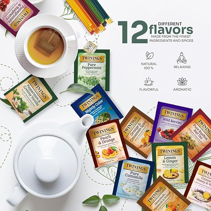 Twinings 48 Tea Bags Herbal Variety Pack – 12 Herbal Flavors with 20 Honey Sticks, Perfect Tea Gift Set for Any Occasion