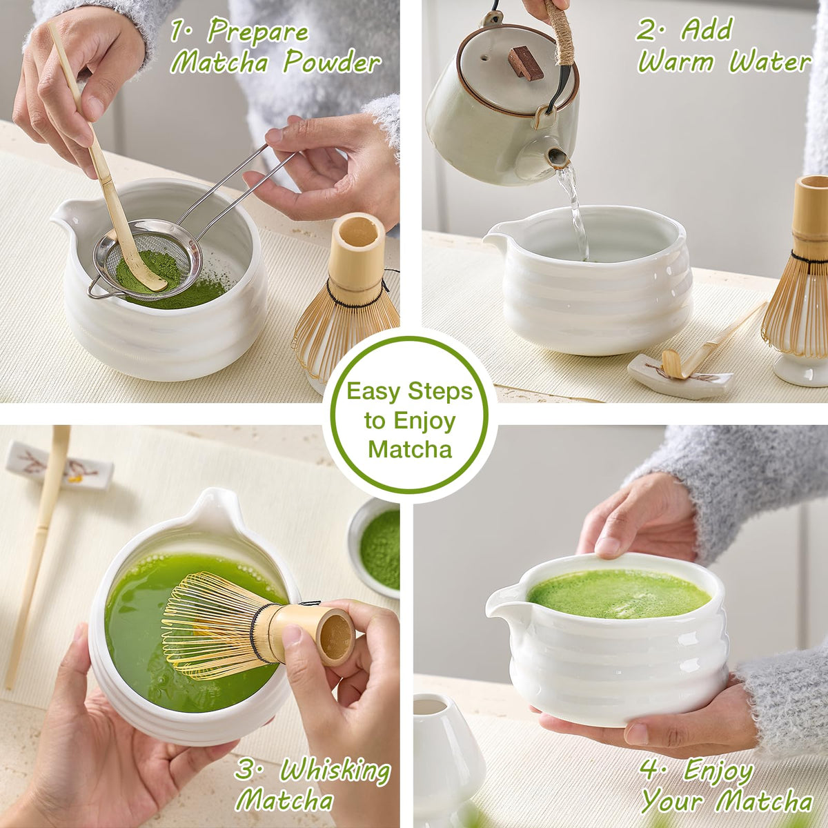 Mfacoy Matcha Whisk Set, Japanese Tea Set (5pcs) includes Matcha Bowl with Spout (19 oz), Bamboo Whisk and Matcha Scoop