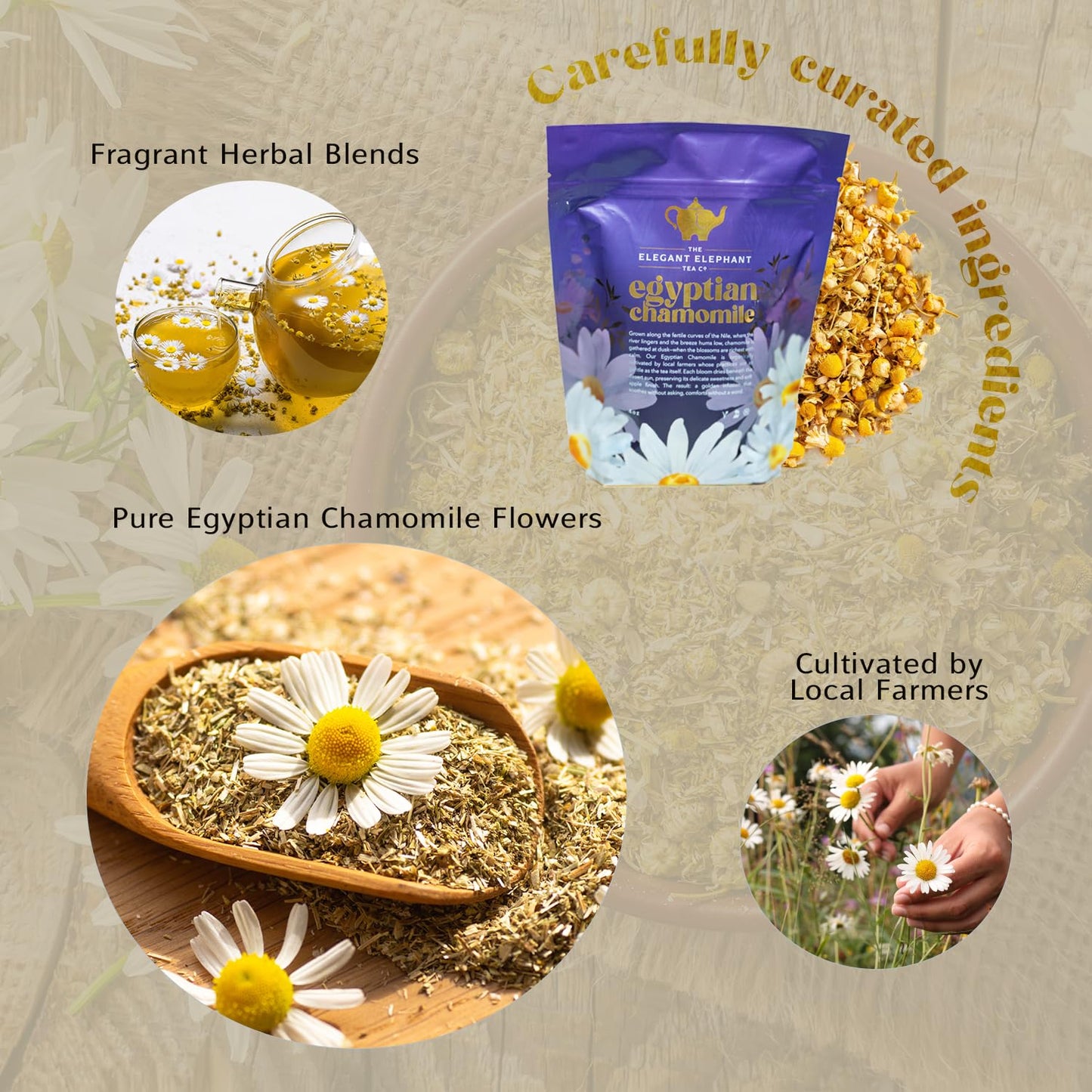 Egyptian Chamomile Tea, Organic Loose Leaf Herbal Tea – Cozy, Calming – Supports Stress Relief, Relaxation &amp; Sleep – 4 oz Resealable Bag (Makes 50 Cups) – The Elegant Elephant
