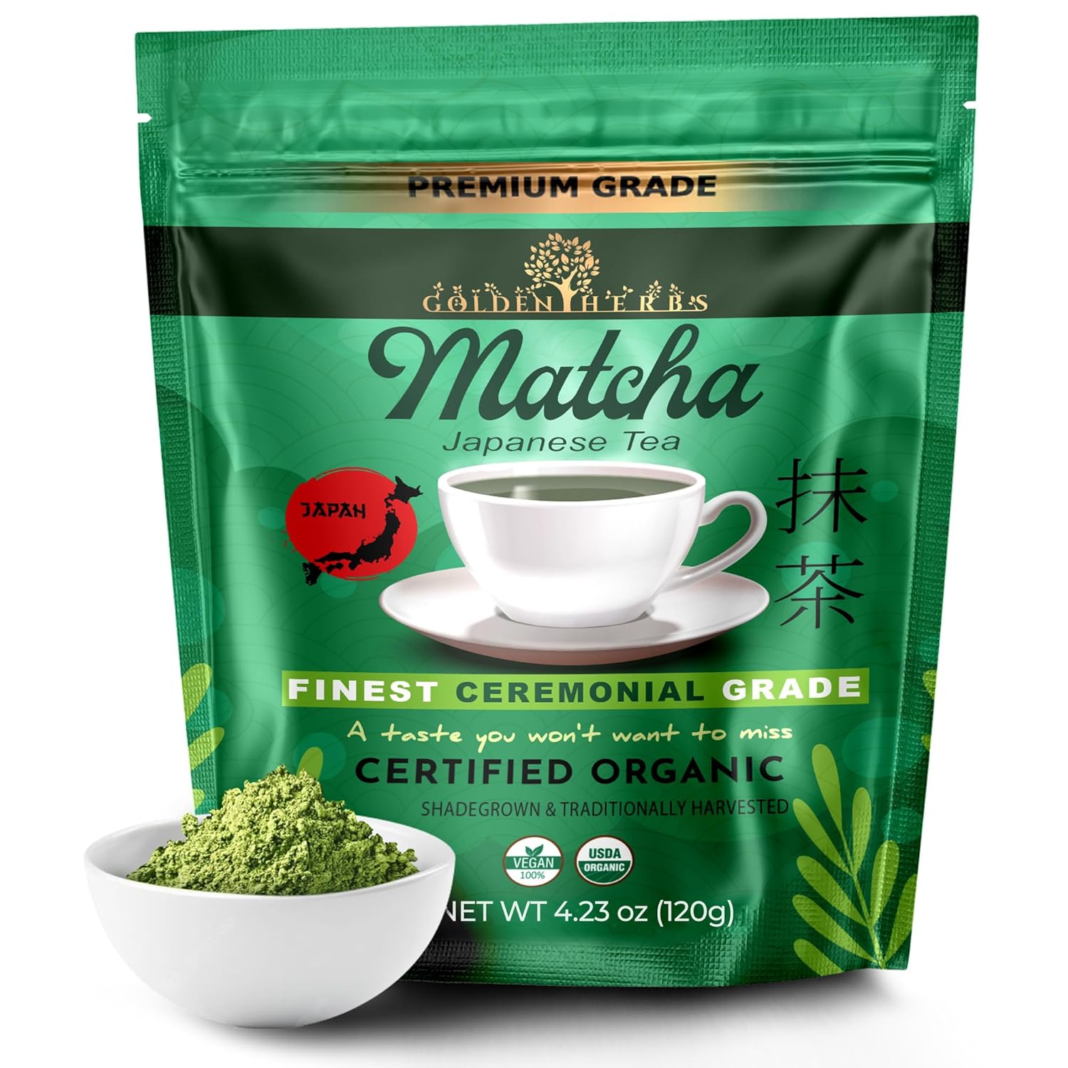 Golden Herbs Matcha Superior Ceremonial Blend Green Tea Powder from Uji, Kyoto, USDA Organic, Gluten-Free Vegan, 100% Pure Unsweetened, No Additivesm, Resealable Freshness Pouch (120 Grams, 4.23 OZ)