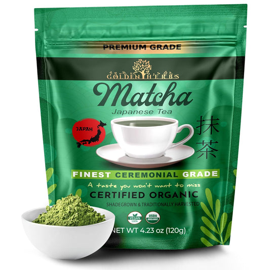 Golden Herbs Matcha Superior Ceremonial Blend Green Tea Powder from Uji, Kyoto, USDA Organic, Gluten-Free Vegan, 100% Pure Unsweetened, No Additivesm, Resealable Freshness Pouch (120 Grams, 4.23 OZ)