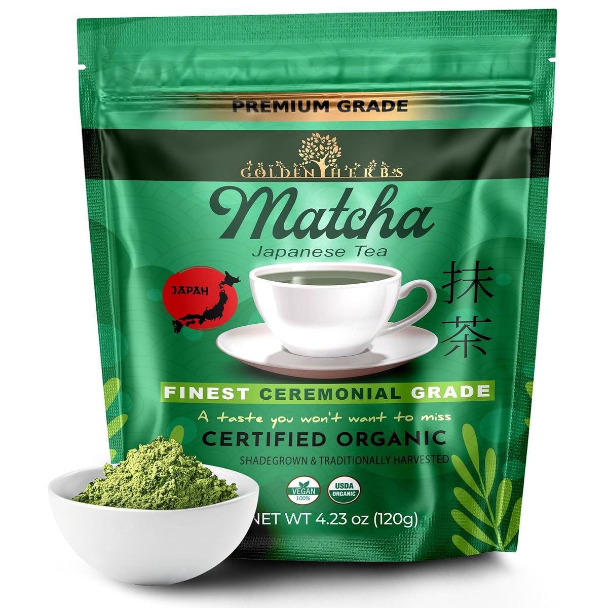 Golden Herbs Matcha Superior Ceremonial Blend Green Tea Powder from Uji, Kyoto, USDA Organic, Gluten-Free Vegan, 100% Pure Unsweetened, No Additivesm, Resealable Freshness Pouch (120 Grams, 4.23 OZ)