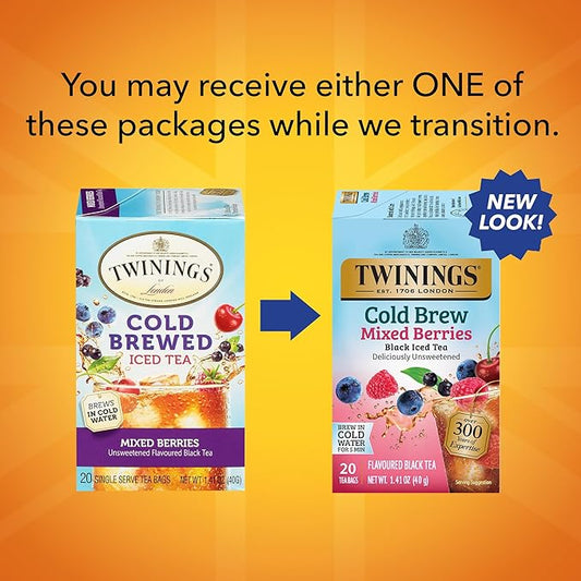 Twinings Cold Brew Variety Sampler Peach and Mixed Berries Black Iced Tea Bags, 20 Count (Pack of 2), Deliciously Unsweetened Flavoured Black Tea, Caffeinated, 40 Individually Wrapped Tea Bags