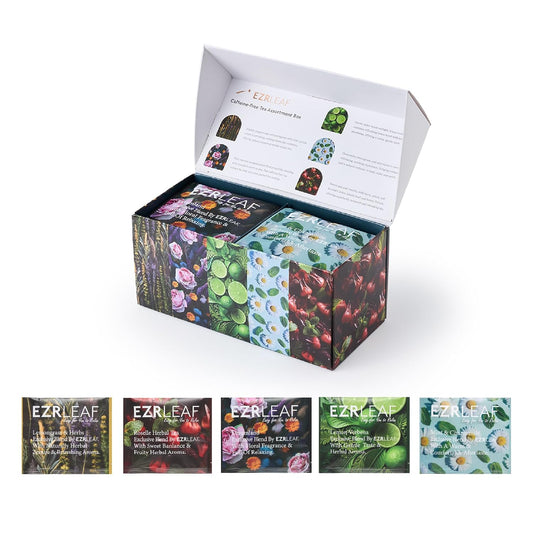 Decaf Herbal Tea Sampler – EZR Leaf 22ct Caffeine-Free Pyramid Bags, Assorted Fruit & Floral Blends with Lemon Verbena, Chamomile Mint, Dreamland