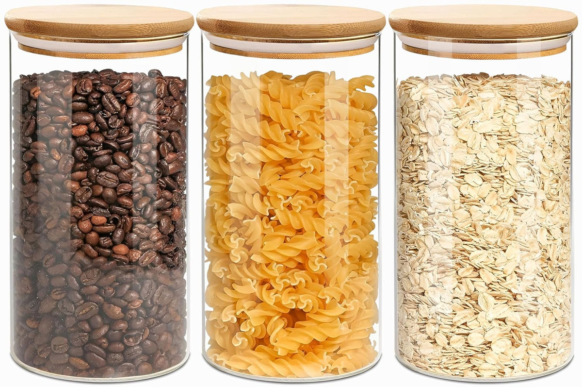 1.5 Qt Round Glass Storage Containers with Lids, Clear Food Storage Container Jar with Sealing Bamboo Lid for Noodles Flour Cereal Rice Sugar Tea