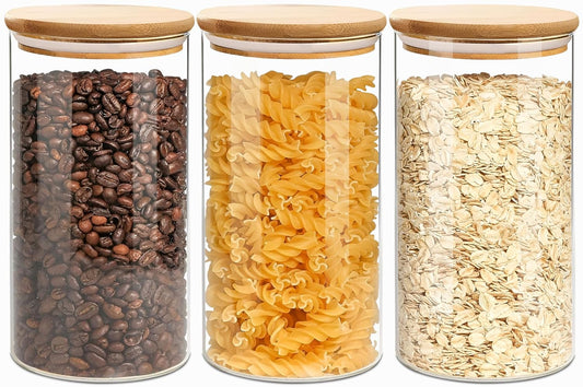 1.5 Qt Round Glass Storage Containers with Lids, Clear Food Storage Container Jar with Sealing Bamboo Lid for Noodles Flour Cereal Rice Sugar Tea