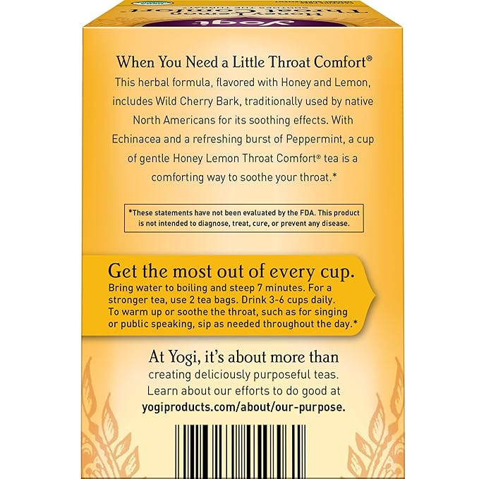 Yogi Tea Honey Lemon Throat Comfort - 16 Bags per Pack (4 Packs) - Soothing Organic Honey Tea - Includes Lemongrass, Peppermint Leaf, Licorice Root