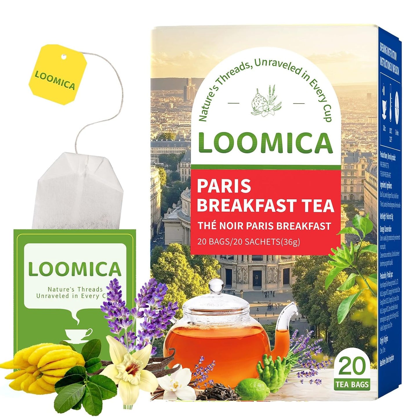 LOOMICA Paris Breakfast Black Tea Bags, 20 Ct, Lavender Bergamot Vanilla | Rich &amp; Smooth, Flavored Black Tea, Morning &amp; Afternoon Tea, Full-bodied; Individually wrapped, Hot or iced, Home &amp; office