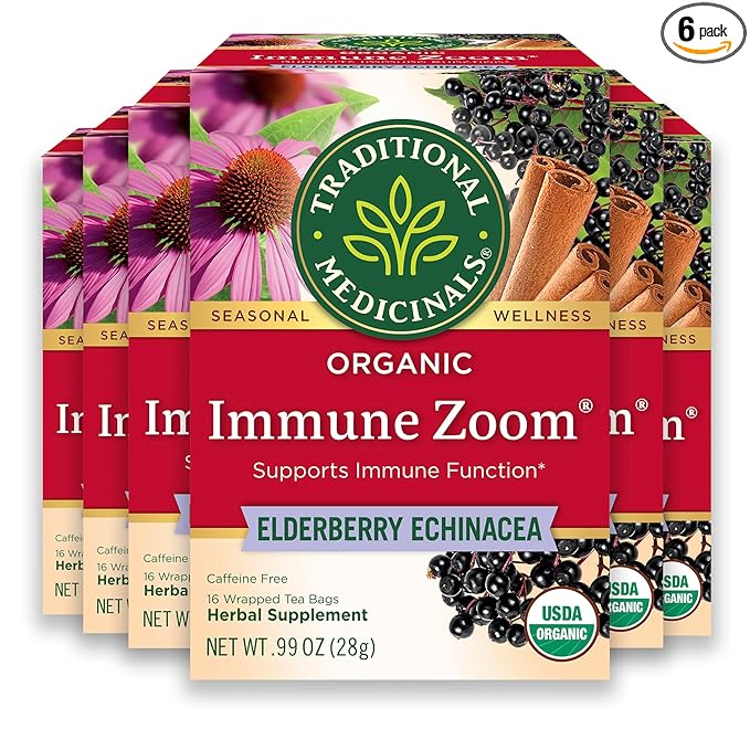 Traditional Medicinals Tea, Organic Immune Zoom Elderberry Echinacea, Supports Immune Function, 96 Tea Bags (6 Pack)