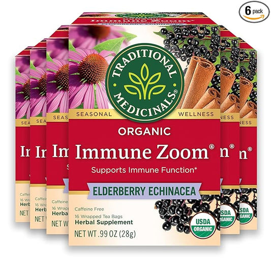 Traditional Medicinals Tea, Organic Immune Zoom Elderberry Echinacea, Supports Immune Function, 96 Tea Bags (6 Pack)