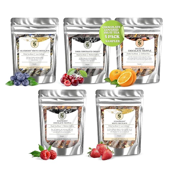 Nelson's Tea Chocolate Covered Fruit Sampler Pack Tea - Blueberry White Choc, Dark Chocolate Cherry, Orange Truffle Choc, Raspberry Truffle Choc